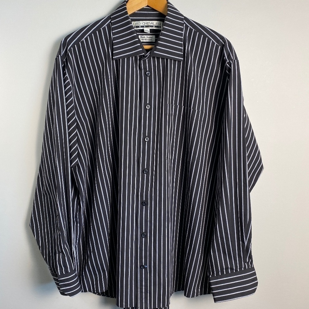 Leo Chevalier Design Men's Black/Gray Stripe Long Sleeve Button Dress Shirt 17.5